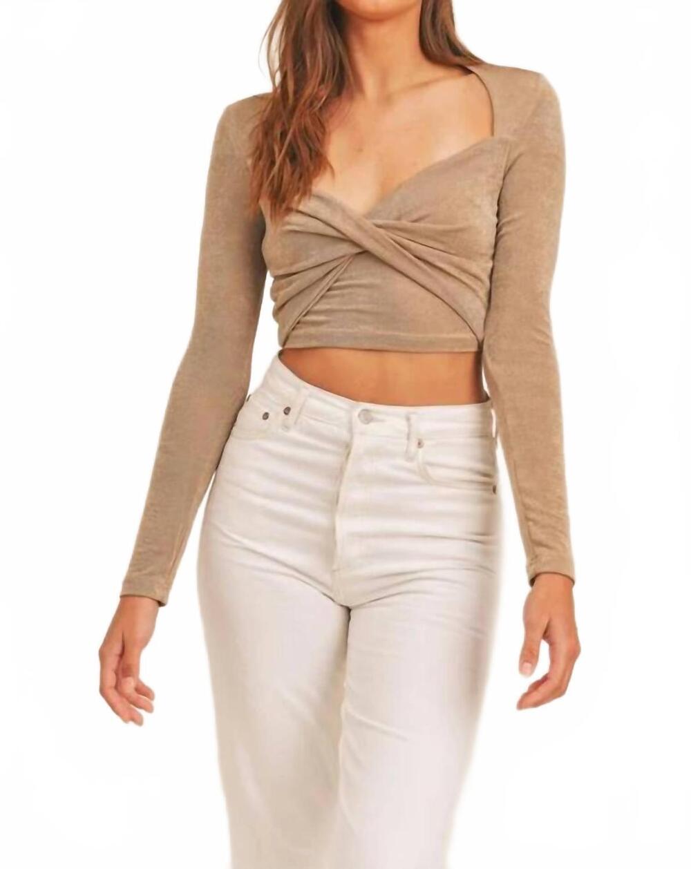 NEW MABLE slinky front twist detail crop top in mocha
